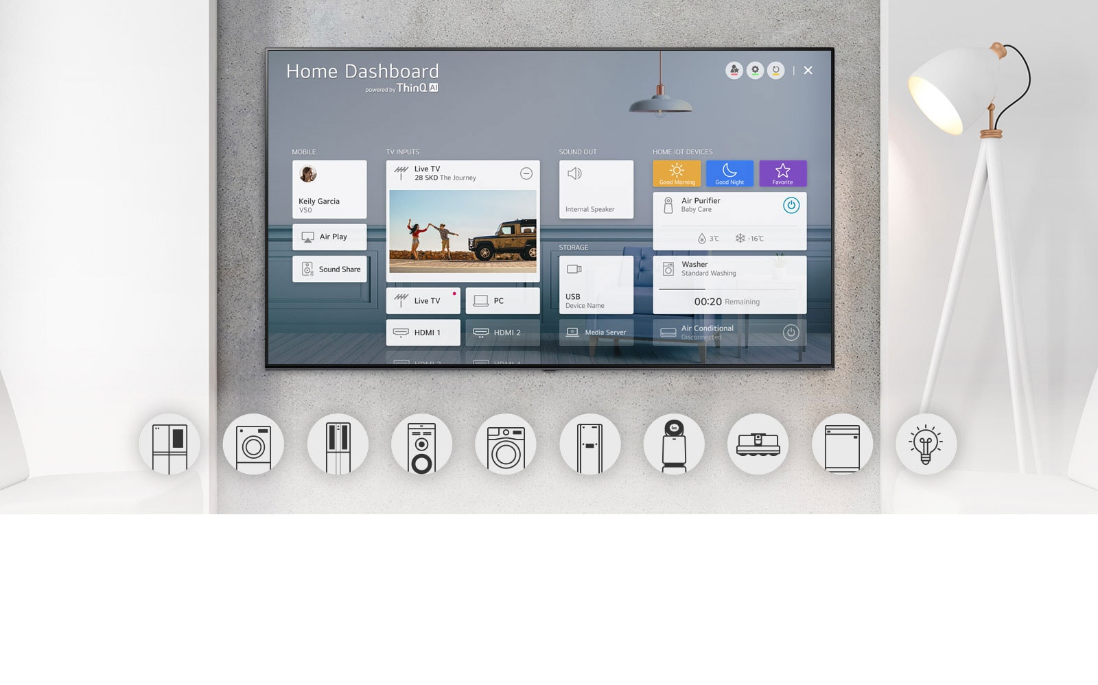 Wall-mounted TV showing Home Dashboard and home appliance graphic logos underneath