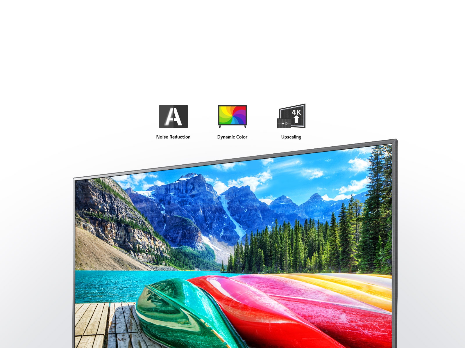 Gürültü azaltma, dinamik renk ve yükseltme simgeleri ve dağların, ormanın ve gölün doğal bir görüntüsünü gösteren bir TV ekranı.