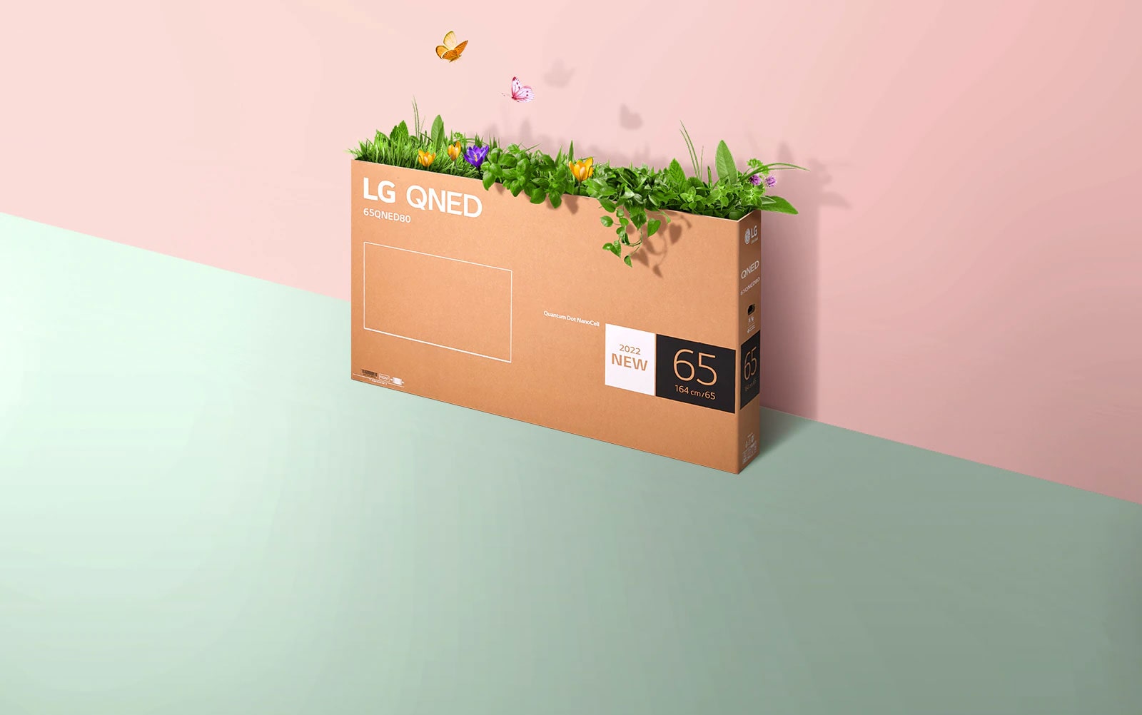 A QNED packaging box is placed on pink, green background and there is grass growing and butterflies coming out from its inside. 