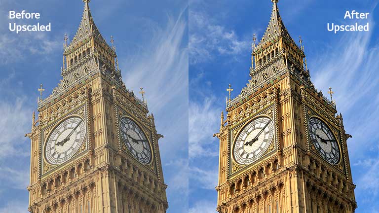 An image of Big Ben on the right with the text of 'After Upscaled' has brigter and clearer image compared to the same image on the left with the text of 'Before Upscaled'.