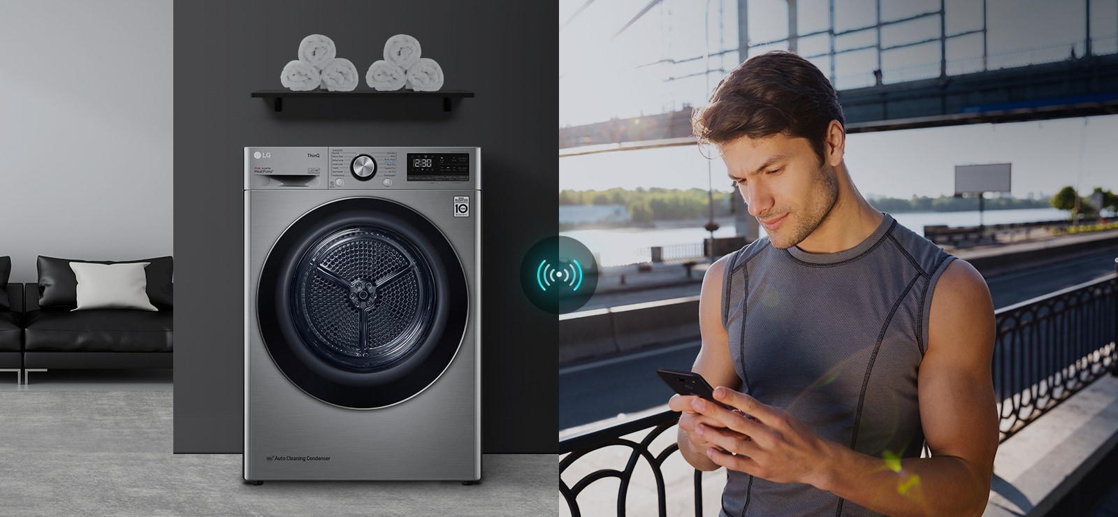 Three icons at the top indicate there are three images in a carousel. The first icon, labelled "Remote Control", is red. An image on the left shows the dryer. An image on the right shows a man looking down at his phone from outside. In the center is a connectivity icon showing a control the dryer through app.