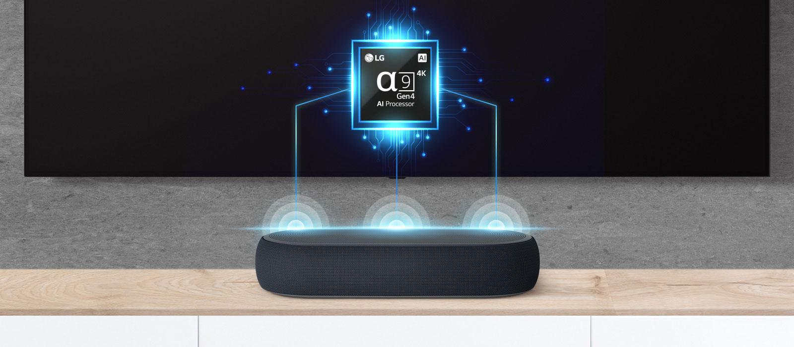 There is an alpha nine chip image on TV and there is a soundbar right below. There are also sound wave effect coming out from soundbar. 
