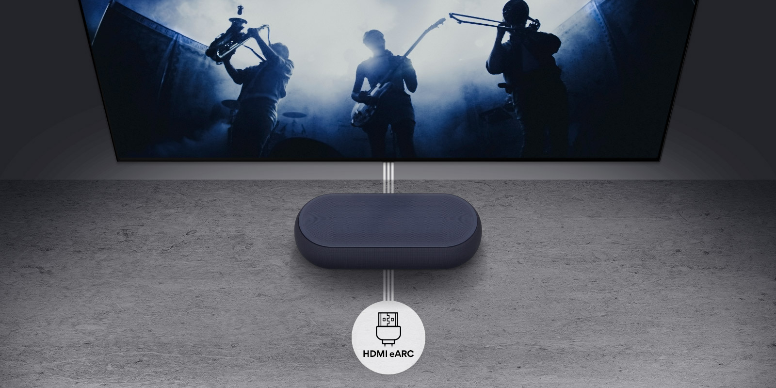 TV is on the wall. TV shows a group of band in black silhouette. LG Soundbar is right below TV on a gray shelf. There is a HDMI eARC icon below the soundbar.