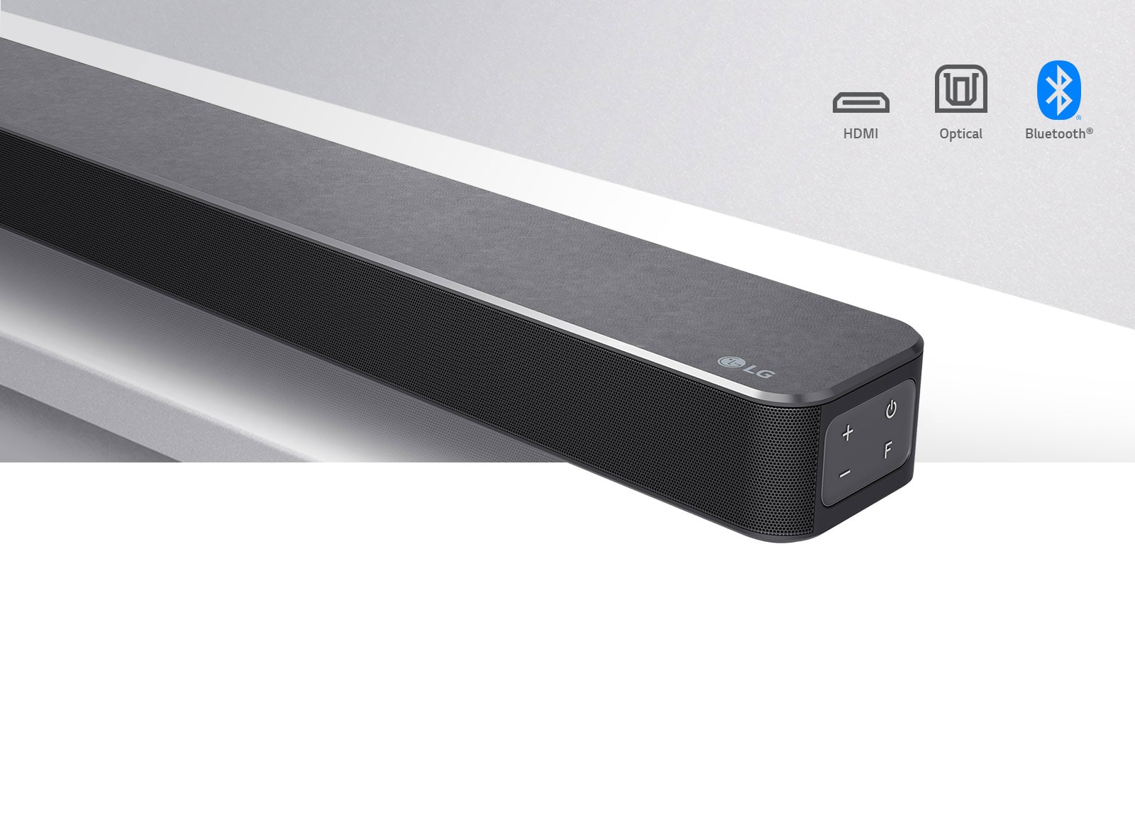 Close-up LG Soundbar right side with LG logo on the bottom right corner. Connectivity icons shown above the product.