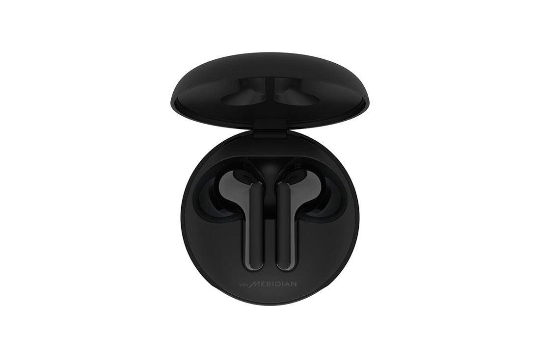 LG TONE Free FN4 True Wireless Bluetooth Earbuds, Wireless Headphones MERIDIAN SOUND with Dual Microphones in Each Earbud for Work/Home Office, IPX4 Water-Resistant, Black, A top view of a cradle opened up and two earbuds inside it with UV lighting on, HBS-FN4