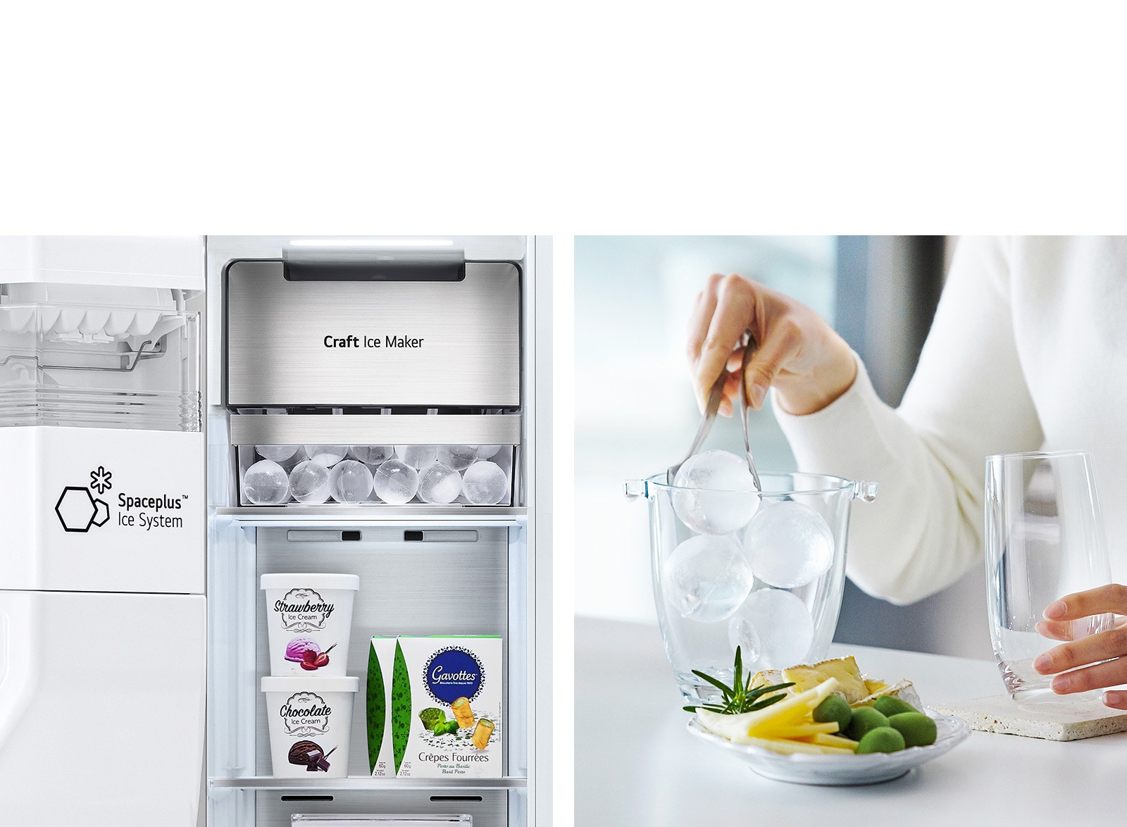 Two images are side by side. The left image shows the interior of the freezer stocked with ice cream and the Craft Ice Maker in the top with perfectly round ice cubes in the drawer. The right image shows a hand using tongs to grab round ice cubes to put in a class.