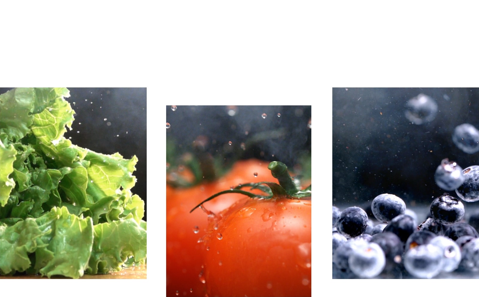An close up video of water dripping from crisp green lettuce is next to a close up video of water falling on fresh red tomatoes, is next to a video of bright wet blueberries moving around.