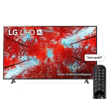 A front view of the LG UHD TV with infill image and product logo on1