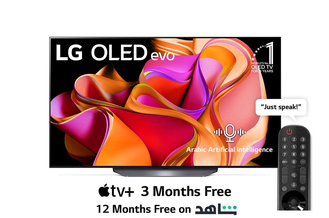 LG, OLED evo TV, 55 inch CS3 series, WebOS Smart AI ThinQ, Magic Remote, 4 side cinema, Dolby Vision HDR10, HLG, AI Picture Pro, AI Sound Pro (9.1.2ch), Dolby Atmos, 1 pole stand, 2023 New, Front view with LG OLED evo and 10 Years World No.1 OLED Emblem on screen., OLED55CS3VA