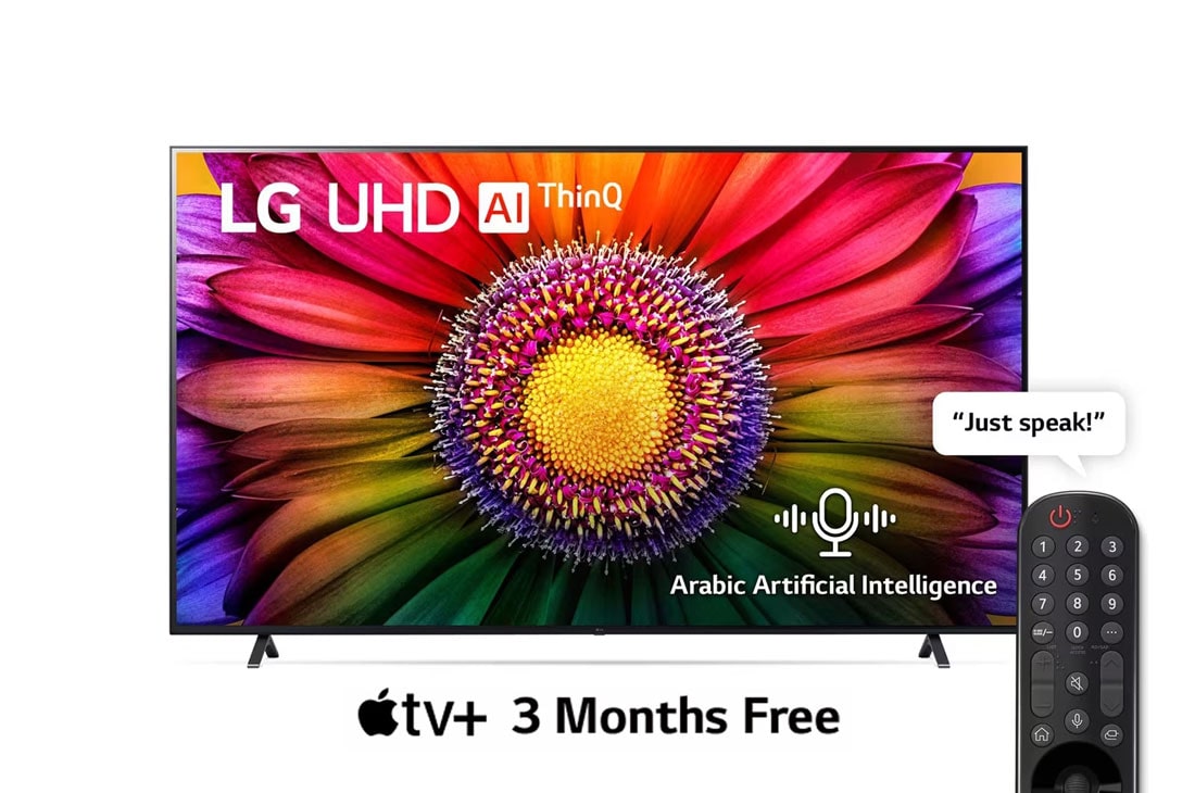 LG, UHD 4K TV, 86 inch UR80 series, WebOS Smart AI ThinQ, Magic Remote, 3 side cinema, HDR10, HLG, AI Sound Pro (5.1.2ch), 2 Pole stand, 2023 New, A front view of the LG UHD TV, 86UR80006LA