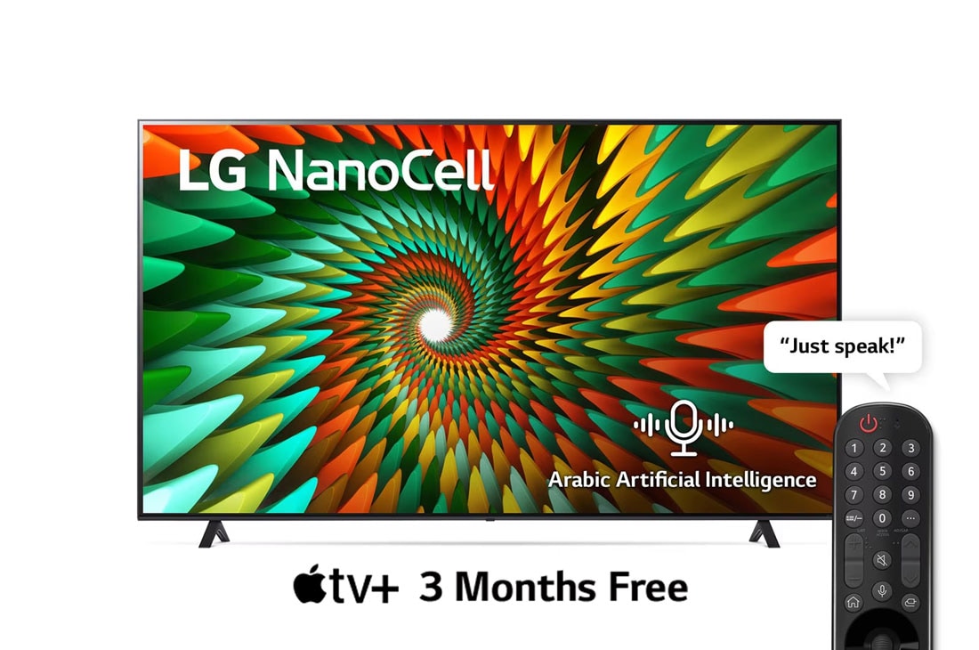 LG, Nanocell TV, 65 inch NANO77R series, WebOS Smart AI ThinQ, Magic Remote, 3 side cinema, HDR10, HLG, AI Sound Pro (5.1.2ch), 2 Pole stand, 2023 New, A front view of the LG NanoCell TV, 65NANO776RA