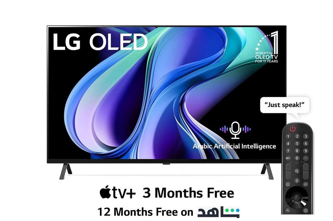 LG, OLED TV, 65 inch A3 series, WebOS Smart AI ThinQ, Magic Remote, 4 side Cinema, Dolby Vision HDR10, HLG, AI Picture Pro, AI Sound Pro (5.1.2ch), Dolby Atmos, 2 Pole stand, 2023 New, Front view with LG OLED and 11 Years World No.1 OLED Emblem., OLED65A36LA