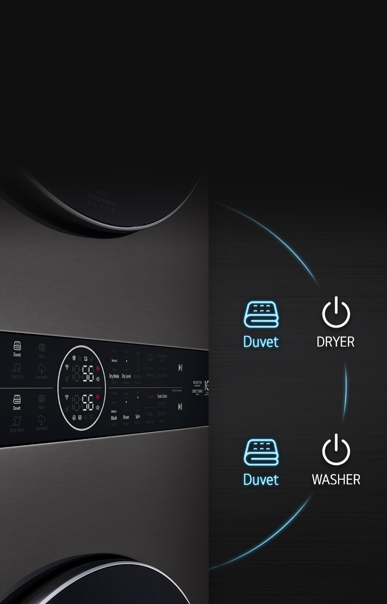 This is an image of the product panel. Dryer's Duvet button and Washer's Duvet button are highlighted.