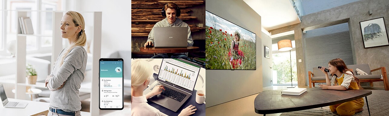 Various images that show people using LG smart appliances that can help to work at home
