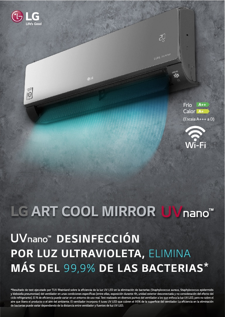 LG Art Cool Mirror UV nano, desinfección por luz ultravioleta, elimina más del 99% de las bacterias