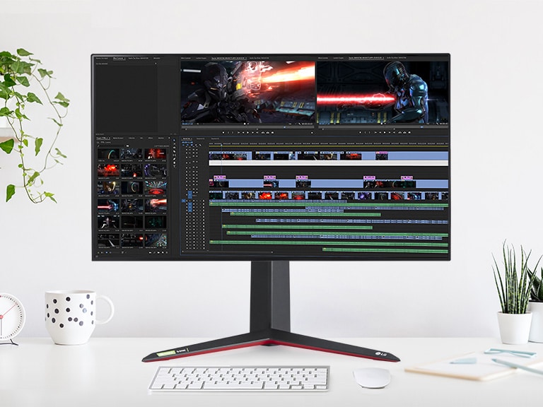 El monitor soportando resolución 4K UHD cubriendo el 98% del espectro de color DCI-P3 y color de 10 Bits.