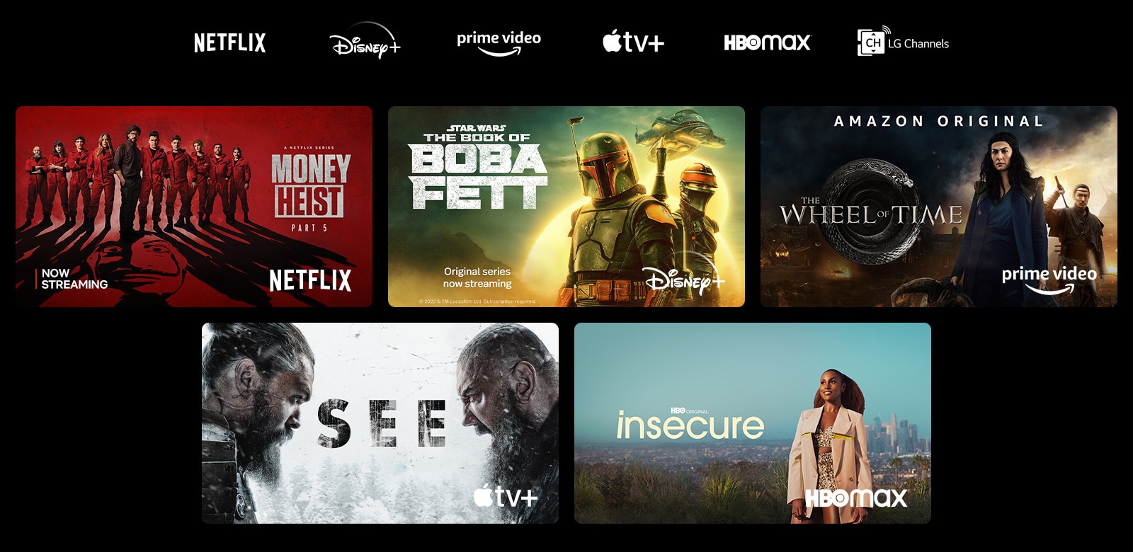Un poster de La casa de papel de Netflix, El libro de Boba Fett de Disney Plus, La rueda del tiempo de Prime Video, See de Apple TV Plus e Insecure de HBO Max