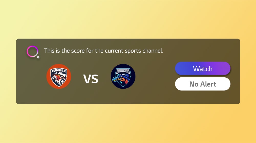 Imagen de una interfaz gráfica de Sports Alert que muestra los logos de dos equipos deportivos (Jungle King y Dragon) , y  dos botones a la derecha que dicen "Watch" y "No Alert". El lema dice "Esta es la puntuación actual´