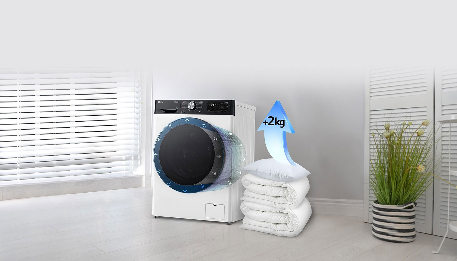 Las mantas y las almohadas están al lado de la lavadora, y hay una flecha que aumenta 2 kg en la almohada.