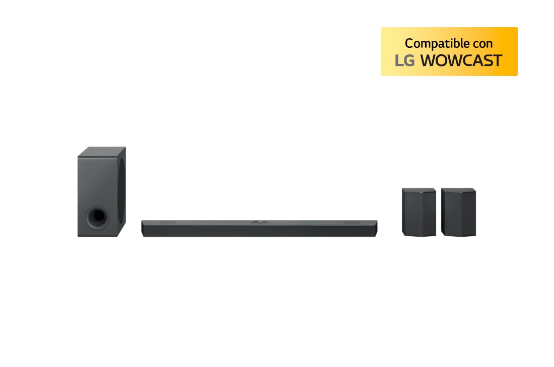 LG Barra de sonido Inteligente LG S95QR con 810W de potencia, 9.1.5 canales, 5 altavoces Atmos verticales y altavoces traseros incluidos. Sonido envolvente Dolby Atmos, dst:X, IMAX Enhanced, Hi-Res 24bits/96kHz y Meridian Horizon., Vista frontal con altavoz de subwoofer y altavoces traseros, S95QR, thumbnail 0