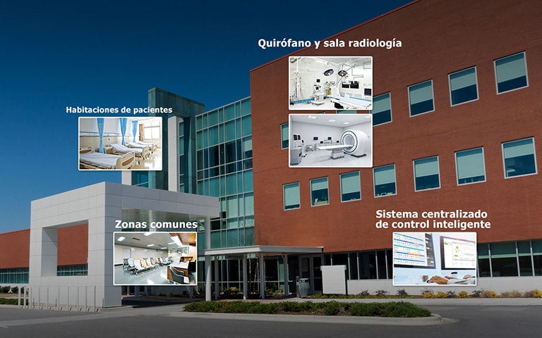 Imagen de un hospital con detalles de habitación, zonas comunes, quirófano, radiología y centro de control