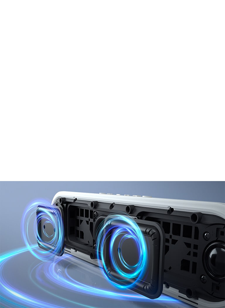 El altavoz LG StanbyME XT7S se coloca en la superficie, mostrando los radiadores pasivos duales. Los gráficos azules salen de los radiadores pasivos y de la parte inferior del altavoz.