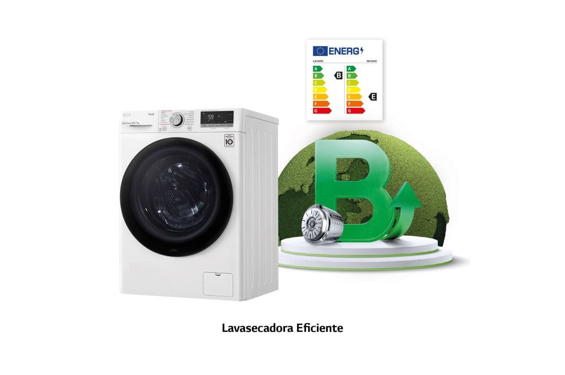 Lavasecadora inteligente AI Direct Drive 10,5/7kg, 1400rpm, clasificación Blanca, Serie 500 | LG España