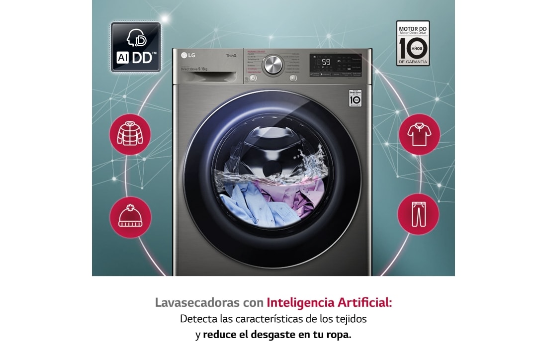 Bosque Susurro agua LG Lavasecadora inteligente AI Direct Drive 9/6kg, 1400rpm, Clasificación  B(lavado)/E(secado), Inox antihuellas, Serie 500 | LG España