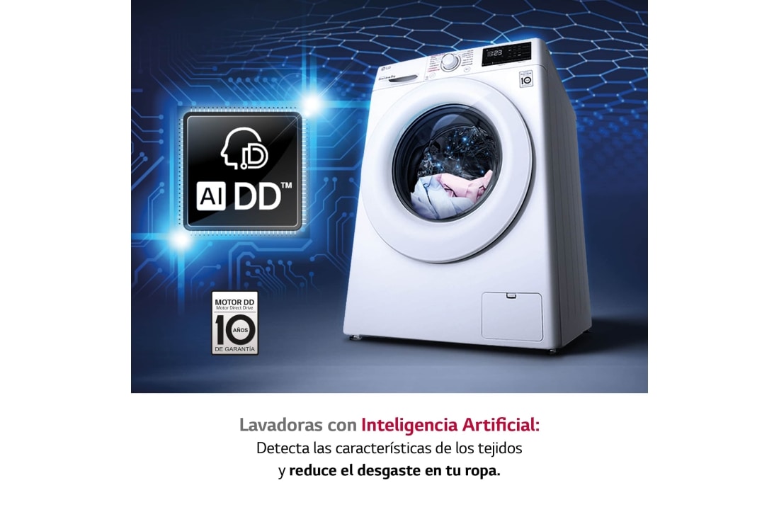 LG Lavadora inteligente AI Direct Drive TM, con Vapor, 9kg, 1400 Clasificación A, Blanca Serie 300 | LG