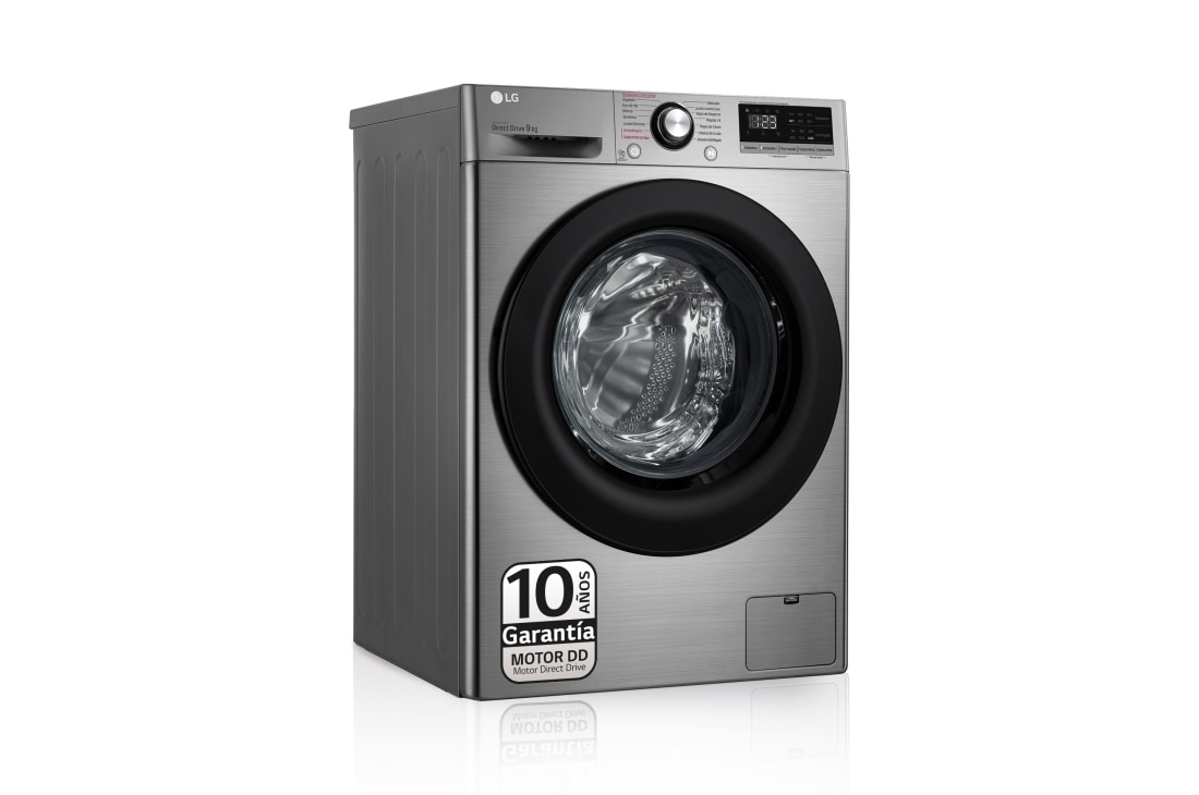 LG Lavadora inteligente AI Direct Drive <sup>TM</sup>, con Vapor, 9kg, 1400 Clasificación A, Inox antihuellas , Serie 300, F4WV309S6SA vista frontal ladeada, F4WV309S6SA