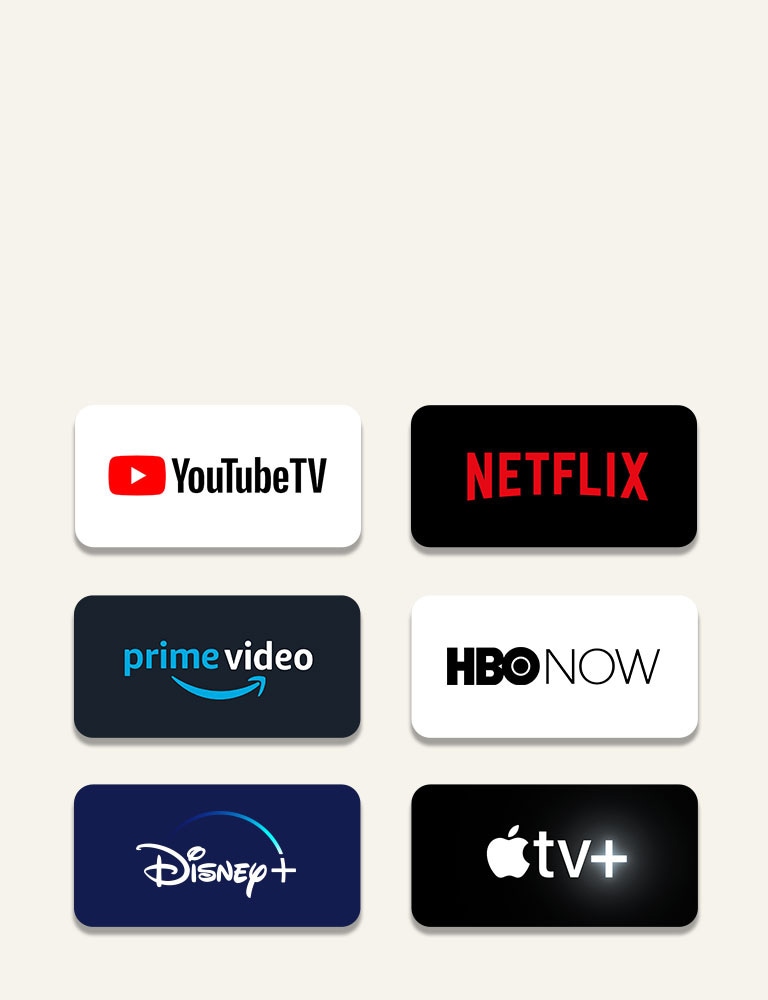 Los iconos de los servicios de streaming OTT están colocados en fila. De izquierda a arriba: Netflix, Amazon Prime Video, HBO NOW,YouTubeTV, Disney+. Y Apple TV+.