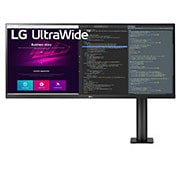 LG 34WN780-B - Monitor UltraWide™ LG Ergo™ (Panel IPS: 3440x1440, 21:9, 300nit, 1000:1, sRGB>99%); diag. 86,72cm; entr.: HDMIx2, DPx1, USB-A x2 (salida), USB-B x1 (entrada); HDR10;AMD FreeSync; altavoces 2x7W; Ajustable en altura e inclinación, extensible, retraíble y giratorio, G, vista frontal con el brazo del monitor a la derecha, 34WN780-B, thumbnail 1