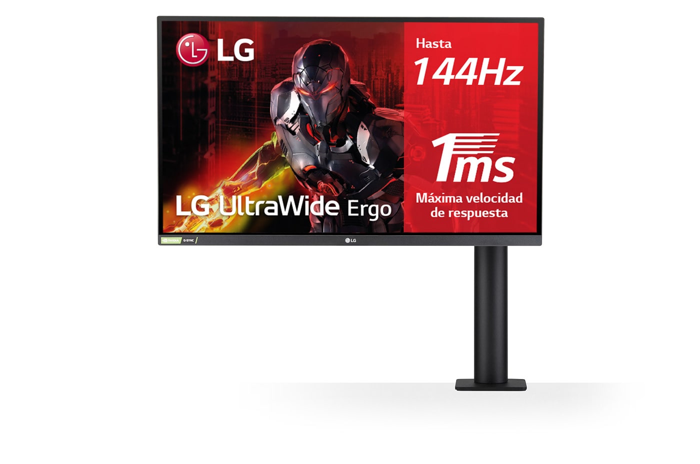 LG 27GN88A-B -Monitor Gaming LG Ergo™ (Panel NanoIPS: 2560x1440p, 16:9, 350 cd/m², 1000:1, 144Hz, 1ms); DPx1, HDMIx2, USB-Ax3; G-Sync Compatible; Regulable en altura e inclinacion, pivotable, extensible y retraíble, G, vista frontal con el brazo del monitor a la derecha, 27GN88A-B