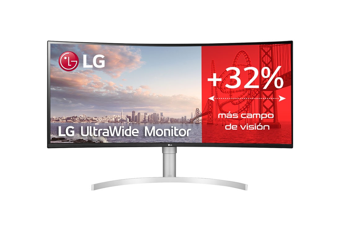 LG 38WN95C - Monitor ultrapanorámico 21:9 LG UltraWide (Panel NanoIPS: 3840 x 1600, 450nit, 1000:1, 1ms, sRGB>99%, VESA DisplayHDR 600); diag. 95,3cm; entradas: HDMIx2, DPx1, Thunderbolt™ 3; ajustable en altura e inclinación , Vista frontal, 38WN95C-W