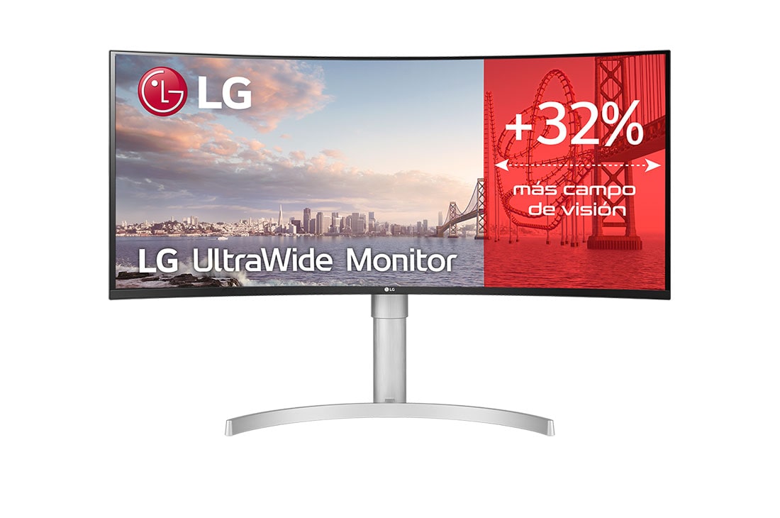 LG  LG 35WN75C-W - Monitor Ultrapanorámico 21:9 LG UltraWide™ (Panel VA: 3440x1440, 300cd/m², 2500:1, sRGB>99%, curvo); diag. 88,9cm; entr.: HDMIx2, DPx1, USB-Cx1, USB-Ax2; HDR10; altavoces 2x7W; Ajust. en altura e inclinación. Blanco., Vista frontal, 35WN75C-W