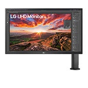 LG 27UK580-B - Monitor 4K UHD LG Ergo™ (Panel IPS: 3840 x 2160p, 16:9, 300cd/m², 1000:1, sRGB >98%, 60Hz); Tecnología AMD FreeSync™, SuperResolution+; Tecnología BlackStabilizer; Dynamic Action Sync (DAS) ; marcos ultrafinos, vista frontal con el brazo del monitor a la derecha, 27UK580-B, thumbnail 1