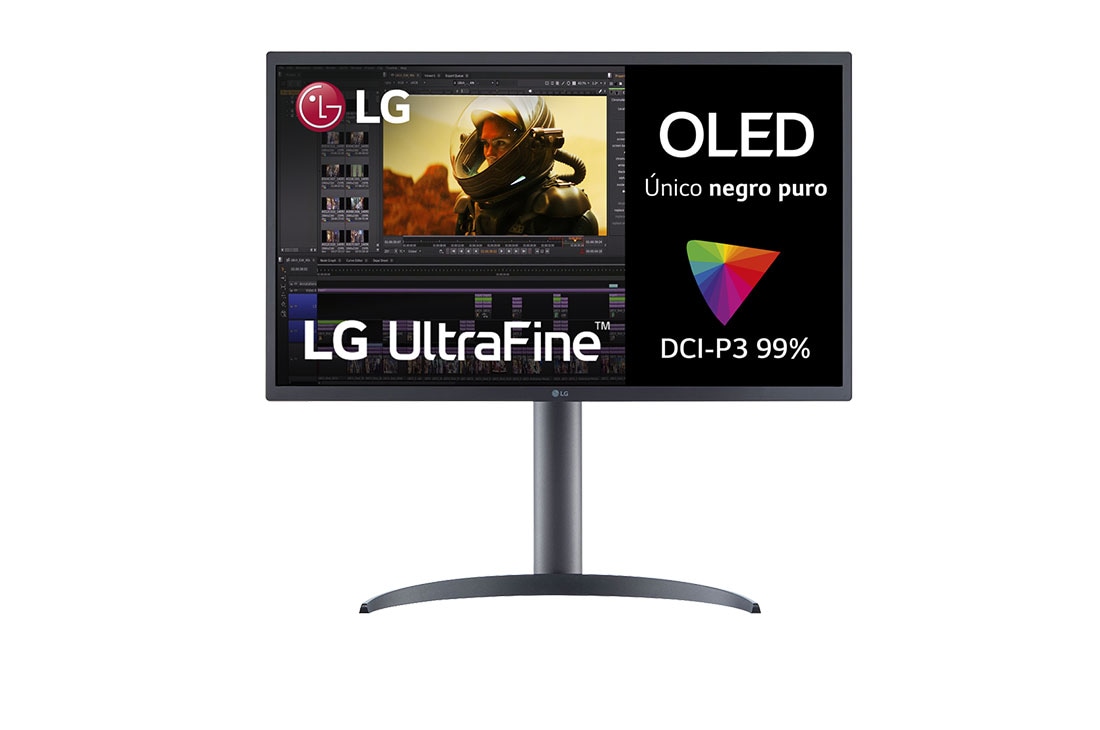 LG 27EP950 - Monitor LG UltraFine OLED (Panel OLED: 3840x2160, 16:9, 250cd/m2, 1M:1, 1ms, DCI-P3>99%, DisplayHDR™ 400 TrueBlack); diag. 68cm; entr: HDMI x1, DP x2, USB-C x1, USB-A x4., Vista frontal del monitos LG 27EP950-B, 27EP950-B