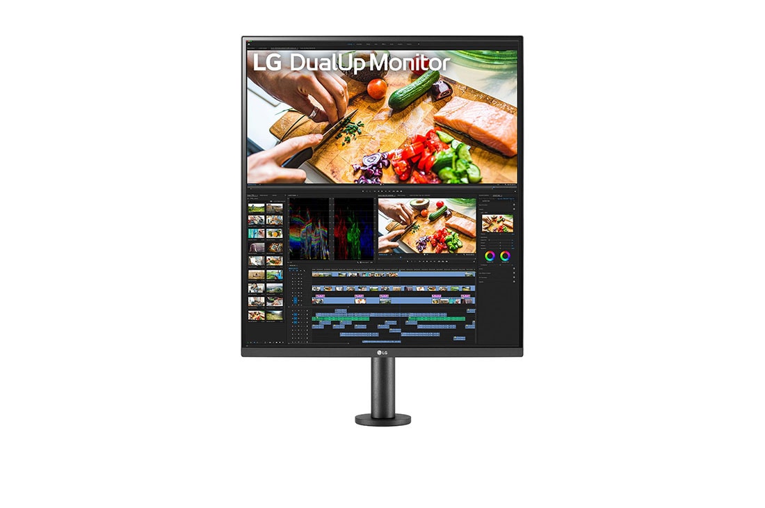 LG 28MQ780-B - Monitor LG DualUp Ergo (Panel NanoIPS SDQHD 16:18 (2560 x 2880), 300nits, 1000:1, DCI-P3>98%); entr.: HDMIx2, DPx1, USB-Cx1; Modo (2PBP) con KVM integrado, Altavoces estéreo 7W, soporte Ergo , vista frontal con el brazo del monitor en el centro, 28MQ780-B, thumbnail 16