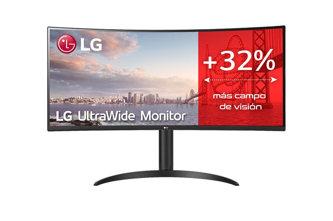 LG 34WP75CP-B - Monitor Ultrapanorámico 21:9 LG UltraWide (Panel VA: 3440x1440, 160Hz, 300cd/m², 3000:1, sRGB>99%, curvo); AMD FreSync™ Premium; 5ms (1ms con MBR); HDR10; Estabilizador de Negros; USB Type-C™., vista frontal, 34WP75CP-B