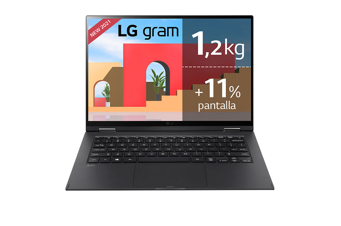 LG gram 14T90P-G.AA78B <br>Windows 10 Home (LG recomienda Windows 11 Pro para empresa)  – Portátil convertible 2en1 ultraligero de 35,5cm (14'') WUXGA 16:10 IPS (1,2kg, autonomía 16,5h, Intel EvoTM i7 11ª gen., Iris Xe, 16GB RAM, 512GB SSD NVMe) Negro - Teclado Español, Vista frontal, 14T90P-G-AA78B