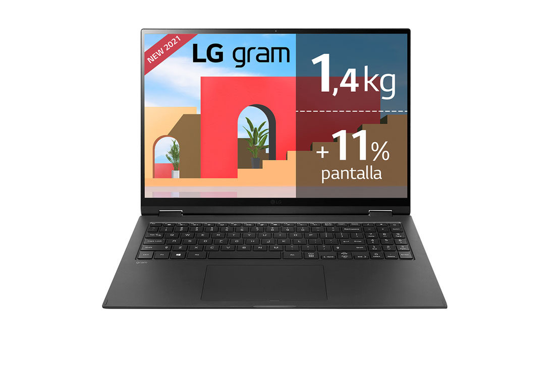 LG gram 16T90P-G.AA78B <br>Windows 10 Home – Portátil convertible 2en1 ultraligero de 40,6cm (16'') WQXGA 16:10 IPS (1,4kg, autonomía 16h, Intel EvoTM i7 11ª gen., Iris Xe, 16GB RAM, 512GB SSD NVMe) Negro - Teclado Español, Vista frontal, 16T90P-G-AA78B