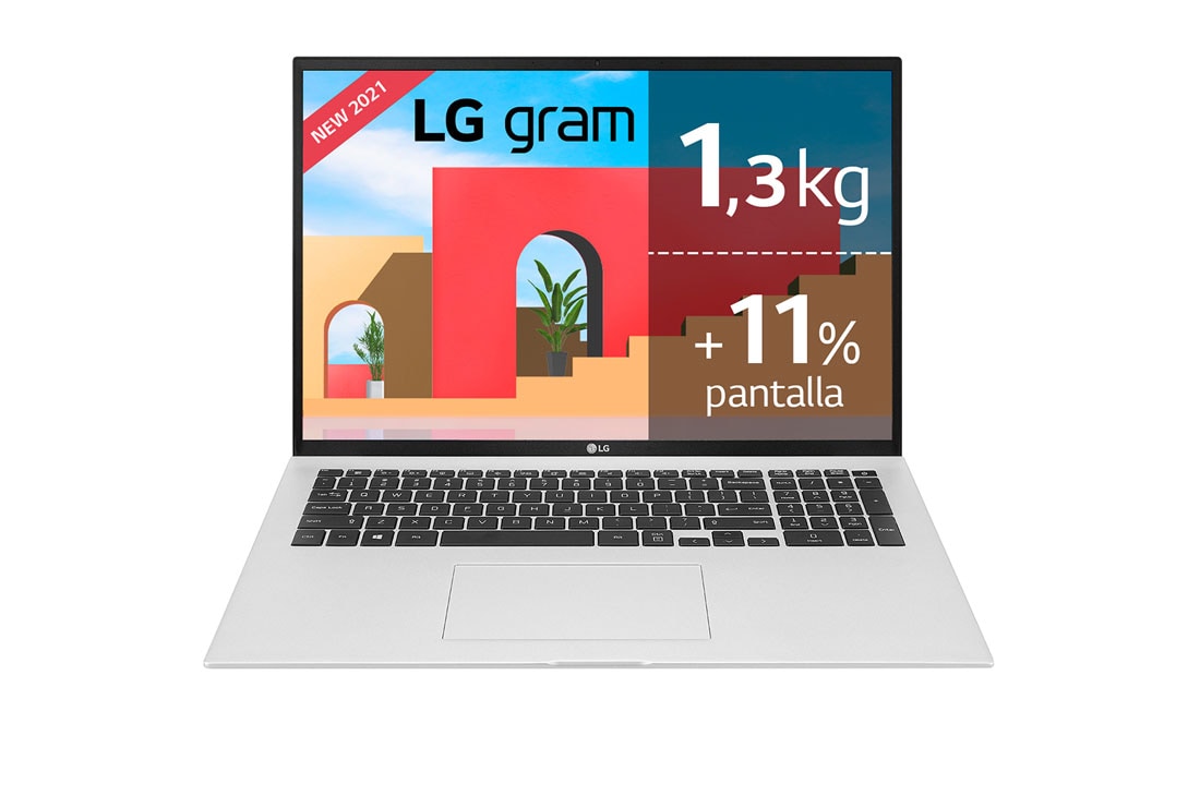 LG gram 17Z90P Windows 10 Home - Portátil ultraligero de 43,2cm (17'') WQXGA 16:10 IPS (1,3 Kg, autonomía 16,5h. Intel EvoTM i7 11ª gen., Iris Xe,  16GB RAM, 512GB SSD NVMe) Plata - Teclado Español, Vista frontal, 17Z90P-G-AA77B