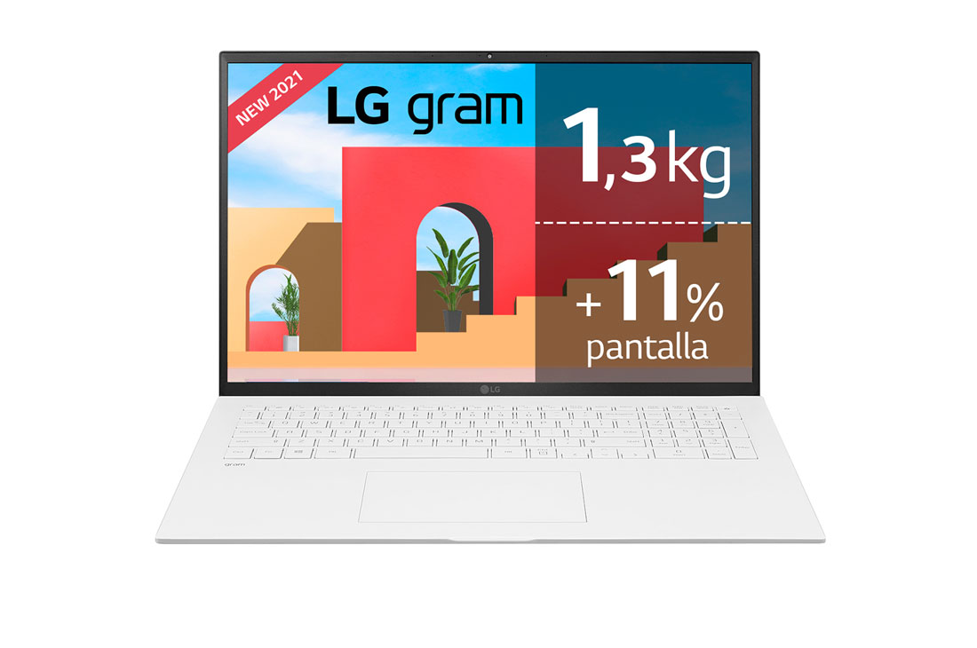 LG gram 17Z90P Windows 10 Home - Portátil ultraligero de 43,2cm (17'') WQXGA 16:10 IPS (1,3 Kg, autonomía 15h, Intel EvoTM i7 11ª gen., Iris Xe,  16GB RAM, 1TB SSD NVMe) Blanco - Teclado Español, Vista frontal , 17Z90P-G-AA79B
