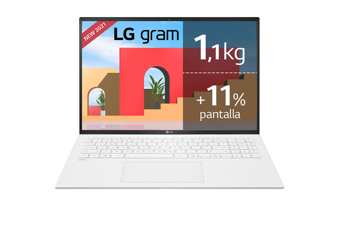 LG gram 16Z90P Windows 10 Home - Portátil ultraligero de 40,6cm (16'') WQXGA 16:10 IPS (1,1Kg, autonomía 16,5h, Intel EvoTM i7 11ª gen., Iris Xe,  16GB RAM, 512GB SSD NVMe) Blanco - Teclado Español, Vista frontal, 16Z90P-G-AA76B