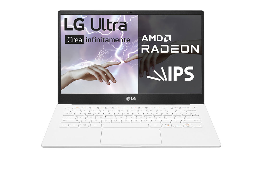 LG Ultra 13U70P Windows 11 Home - Portátil de 13” FHD IPS (980g, autonomía 11,5h, AMD Ryzen™ 4700, 16GB RAM, 512GB SSD NVMe) Blanco –  Teclado Español, Vista de frente, 13U70P-G-AA75B