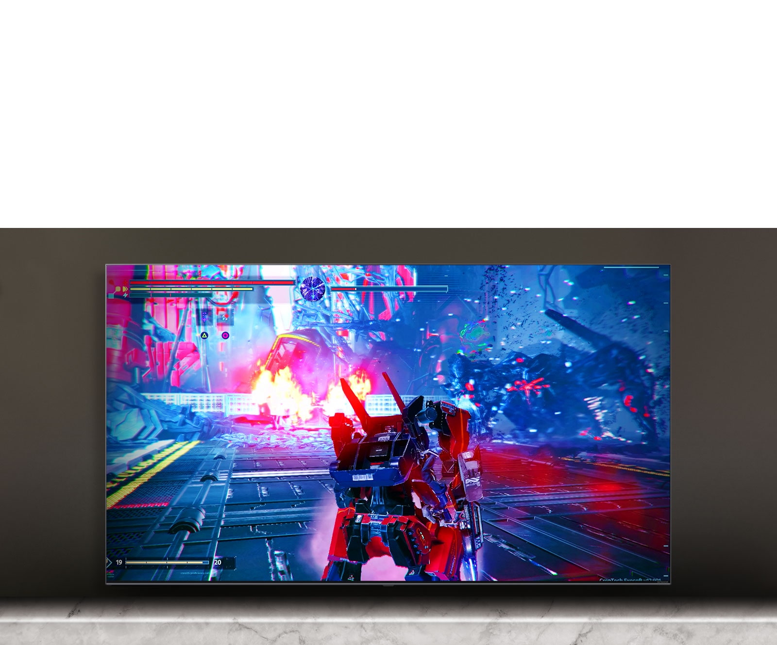 La pantalla del televisor muestra la escena del juego de batallas.