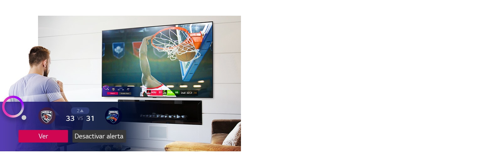 La pantalla de TV muestra una escena de un partido de baloncesto con una alerta de deportes