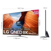 LG Televisor LG 8K QNED Mini LED, Procesador Inteligente de Máxima Potencia 8K α9 Gen 5 con IA, compatible con el 100% de formatos HDR, HDR Dolby Vision y Dolby Atmos, Smart TV webOS22, perfecto para Gaming., Imagen medidas del televisor 86QNED996QB, 86QNED996QB, thumbnail 2
