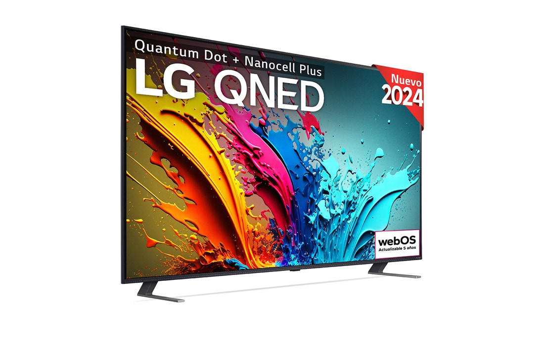 LG 86 pulgadas TV LG QNED 4K serie QNED86  con Smart TV WebOS24, Front view of LG QNED TV, QNED85 with text of LG QNED, 2024, and webOS Re:New Program logo on screen, 86QNED86T6A