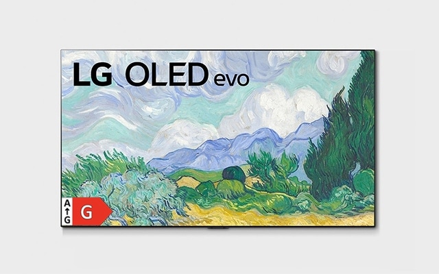 LG OLED evo 77-inch TV with a G-rated energy label in the screen's bottom-left corner
